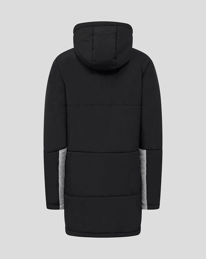 Center front zip on black packable jacket with white zipper pull