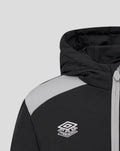 Close up of black junior hooded shower jacket showing chest Castore logo and club crest