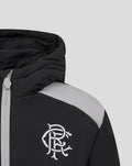 Close up of front of junior shower jacket showing crest on chest and gray zipper trim.