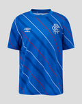 Front view of blue junior Rangers FC home matchday tee with diagonal white and red stripes and club crest