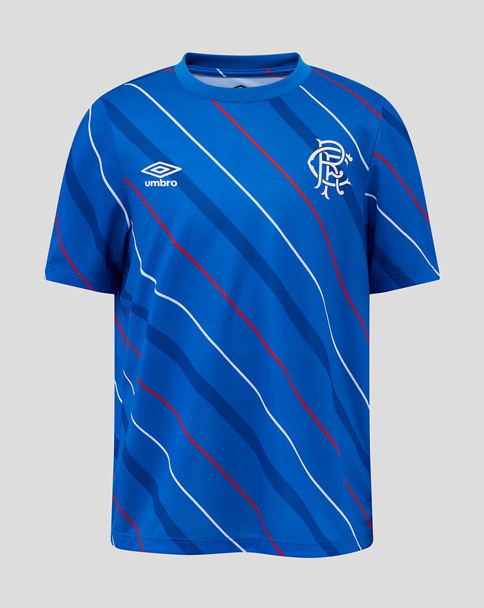 Front view of blue junior Rangers FC home matchday tee with diagonal white and red stripes and club crest