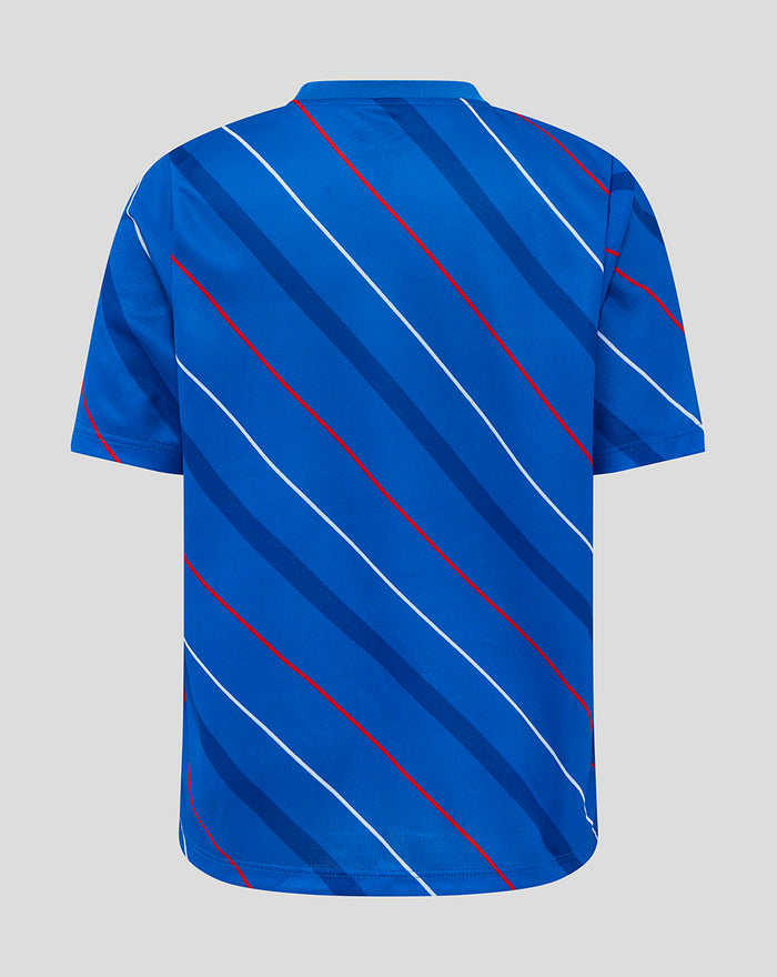 Back view of blue junior home matchday tee with white and red diagonal stripes