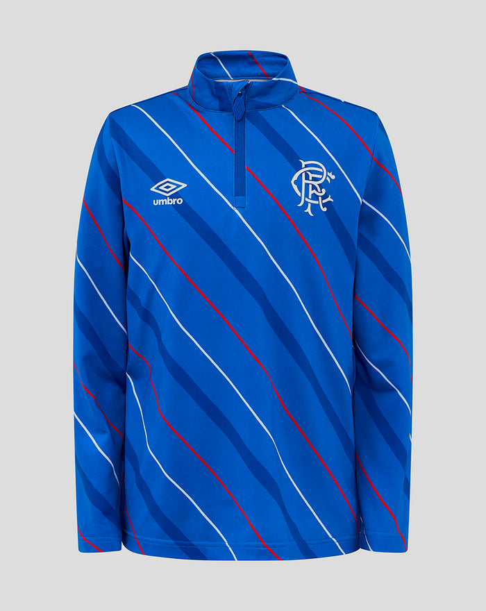 Blue matchday quarter zip top with diagonal red and white stripes and club crest on the chest
