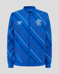 Blue junior home matchday jacket with diagonal red and white stripes, full front zip, collar, Umbro logo and club crest
