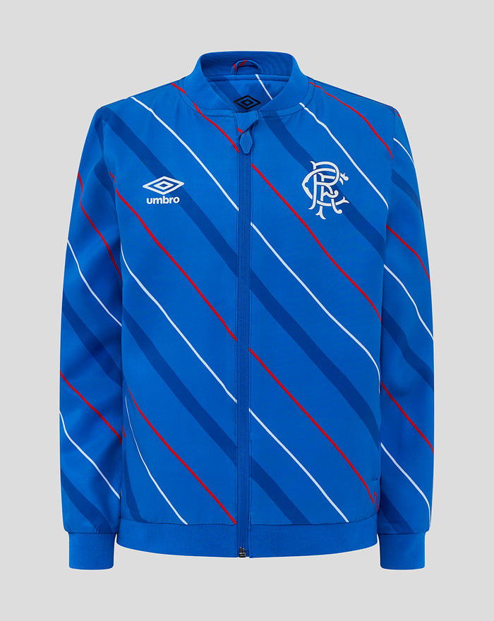Blue junior home matchday jacket with diagonal red and white stripes, full front zip, collar, Umbro logo and club crest