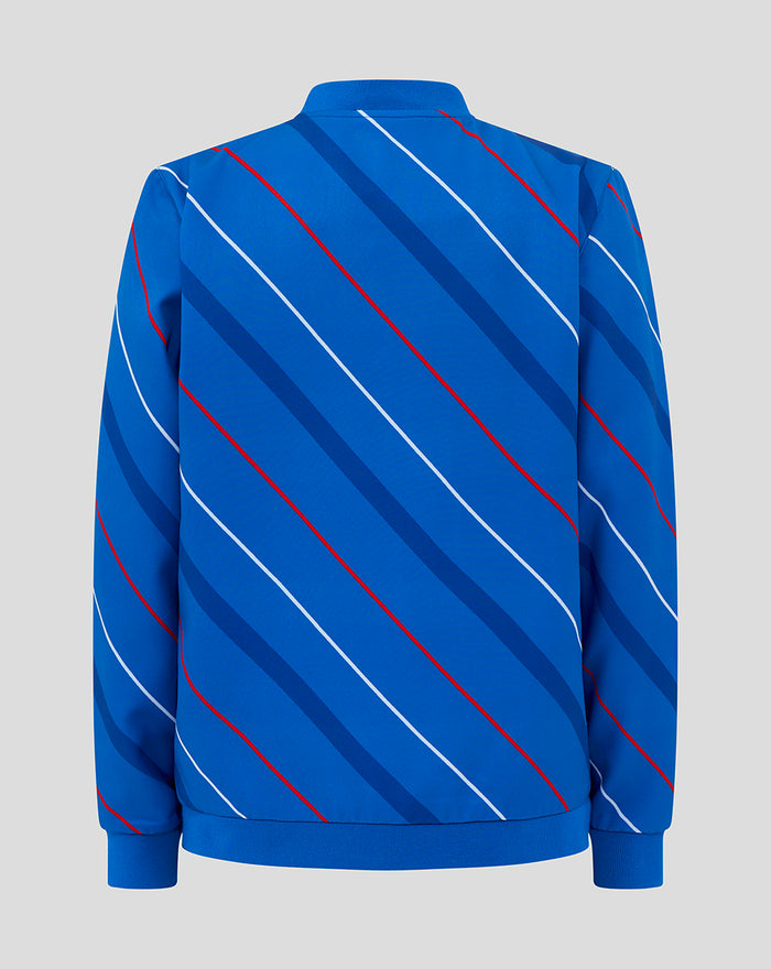 Back view of blue Junior 25/26 Home Matchday Jacket featuring diagonal red and white stripes.