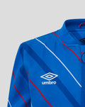 Shoulder and collar detail of blue jacket with diagonal stripes and Umbro logo