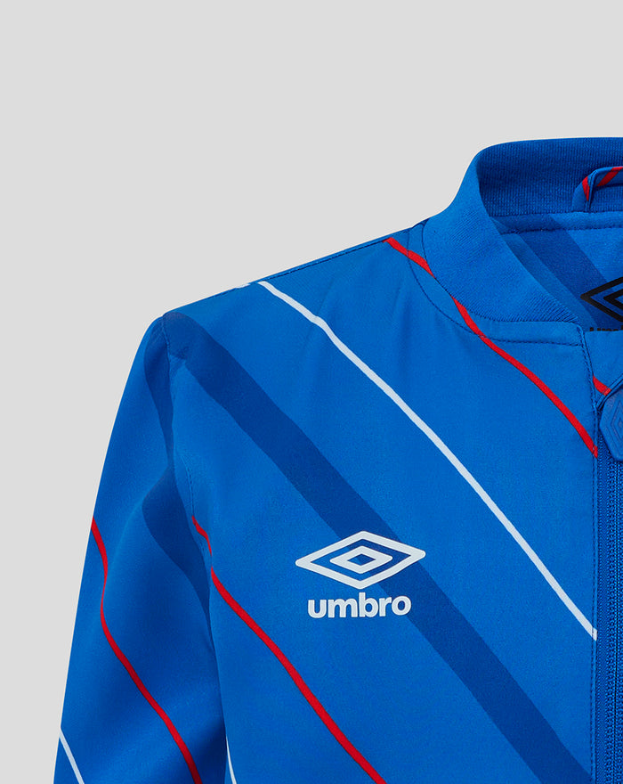 Shoulder and collar detail of blue jacket with diagonal stripes and Umbro logo