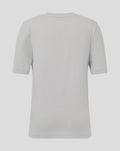 Back view of light gray junior T shirt showing plain fabric and short sleeves