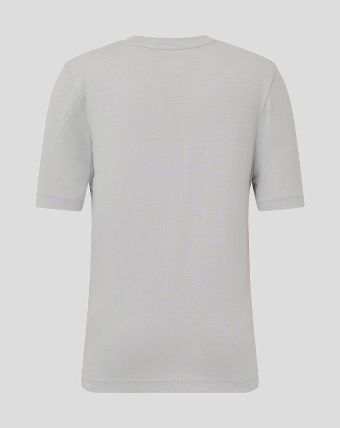 Back view of light gray junior T shirt showing plain fabric and short sleeves