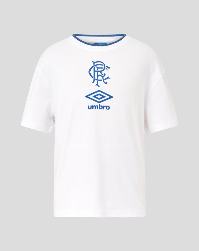 Front view of white junior travel T-shirt with blue club crest and Umbro logo on the chest
