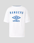 Back view of white Rangers Umbro T-shirt with large blue Rangers lettering and Umbro logo