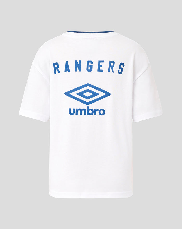 Back view of white Rangers Umbro T-shirt with large blue Rangers lettering and Umbro logo