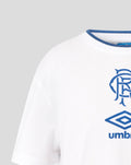 Close up of white crew neck T-shirt showing blue rib trim along the collar.