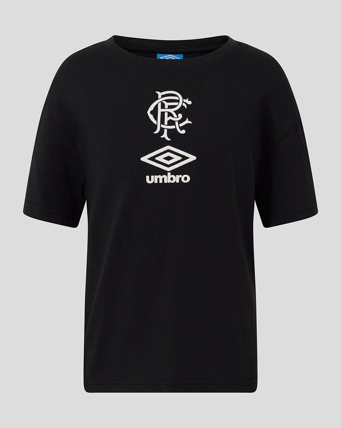 Black junior short sleeve T shirt with Rangers and Umbro logos in white on the chest