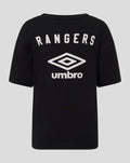 Black junior short sleeve T shirt with large Rangers and Umbro graphic on the back
