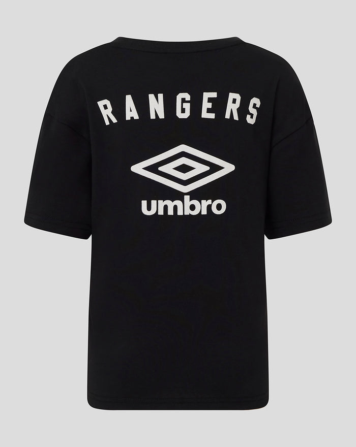 Black junior short sleeve T shirt with large Rangers and Umbro graphic on the back