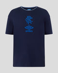 Junior navy peacoat travel short sleeve T shirt with blue club crest and Umbro logo on the chest.