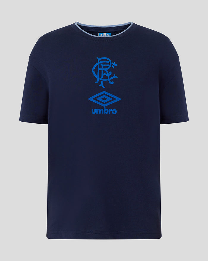 Navy short sleeve T shirt with Rangers wordmark and Umbro logo on the chest