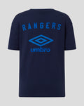 Back view of navy junior travel short sleeve T shirt with blue Rangers lettering and Umbro diamond logo.