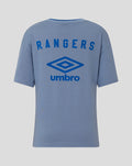 Back view of grey junior travel T shirt with blue Rangers Umbro logo.