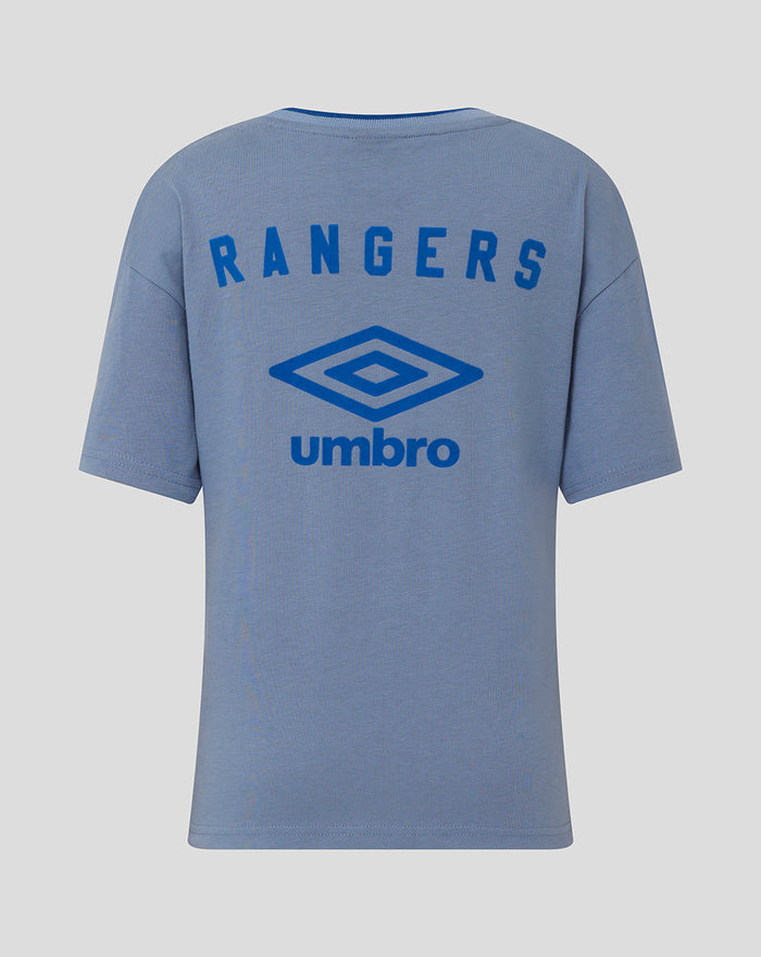 Back view of grey junior travel T shirt with blue Rangers Umbro logo.