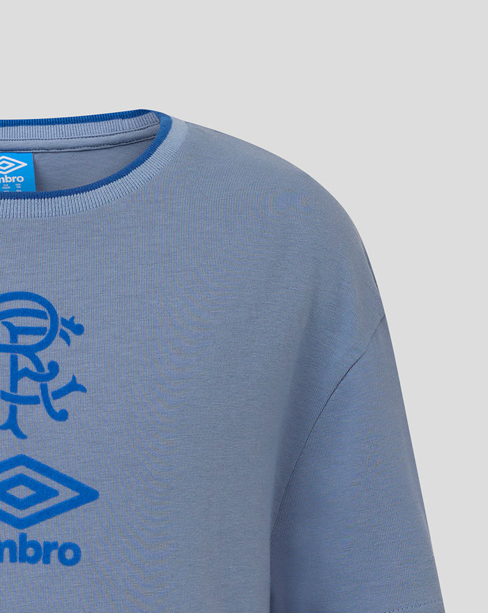 Front close up of grey junior travel T shirt showing blue Umbro diamond logo and club crest.