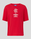 Front view of red junior Rangers Umbro T shirt with large white crest and diamond Umbro logo