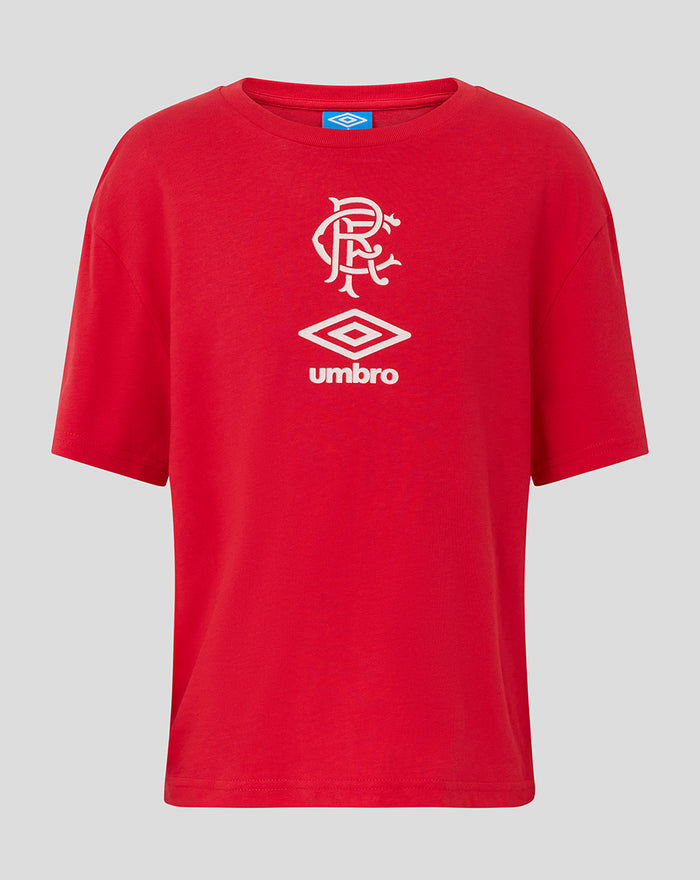Front view of red junior Rangers Umbro T shirt with large white crest and diamond Umbro logo