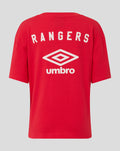 Back view of red Rangers Umbro T shirt featuring white Rangers wordmark and Umbro logo