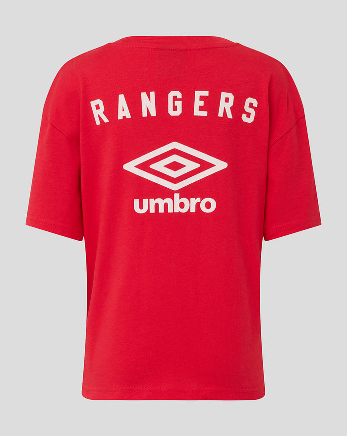 Back view of red Rangers Umbro T shirt featuring white Rangers wordmark and Umbro logo