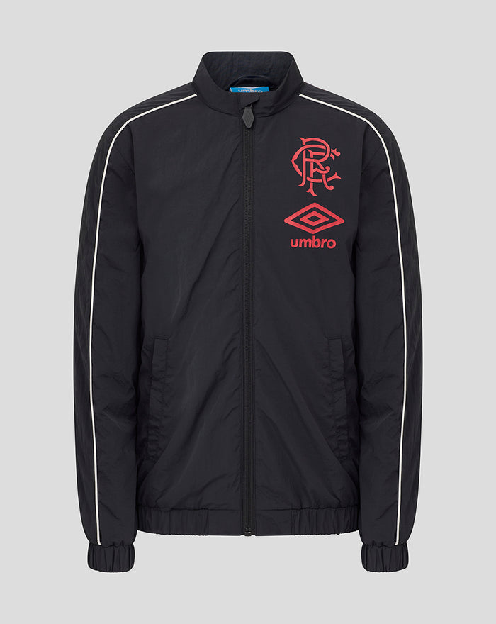 Unisex travel track jacket in dark navy with red crest and Umbro logo on the chest full zip and white piping along the sleeves