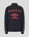 Back view of a dark navy travel track jacket with white piping along the sleeves and a red Rangers Umbro logo on the back