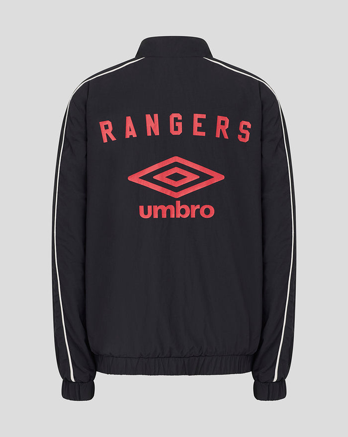 Back view of a dark navy travel track jacket with white piping along the sleeves and a red Rangers Umbro logo on the back