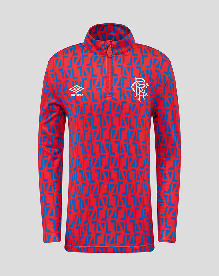 Red away matchday quarter zip jacket with blue geometric pattern and Umbro branding on the chest