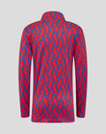 Back view of the junior red and blue geometric print jacket with a collar and a white Umbro logo on the lower back.