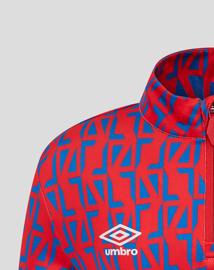 Shoulder close-up of the red and blue geometric print jacket featuring a white Umbro logo.