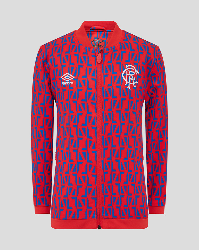 Front view of junior away matchday jacket in red and blue geometric print with full zip collar, Umbro logo on left chest and club crest on right.