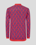 Back view of junior away matchday jacket in red and blue geometric print with ribbed cuffs and hem