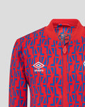 Close up of front of junior away matchday jacket with full zip collar Umbro logo and club crest