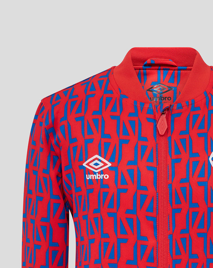 Close up of front of junior away matchday jacket with full zip collar Umbro logo and club crest