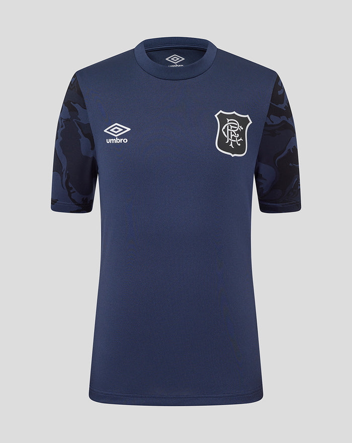 Front view of navy junior matchday short sleeve tee with camouflage sleeves, crest badge, and Umbro logo