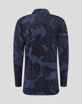 Back view of navy camouflage junior quarter zip jacket with collar.