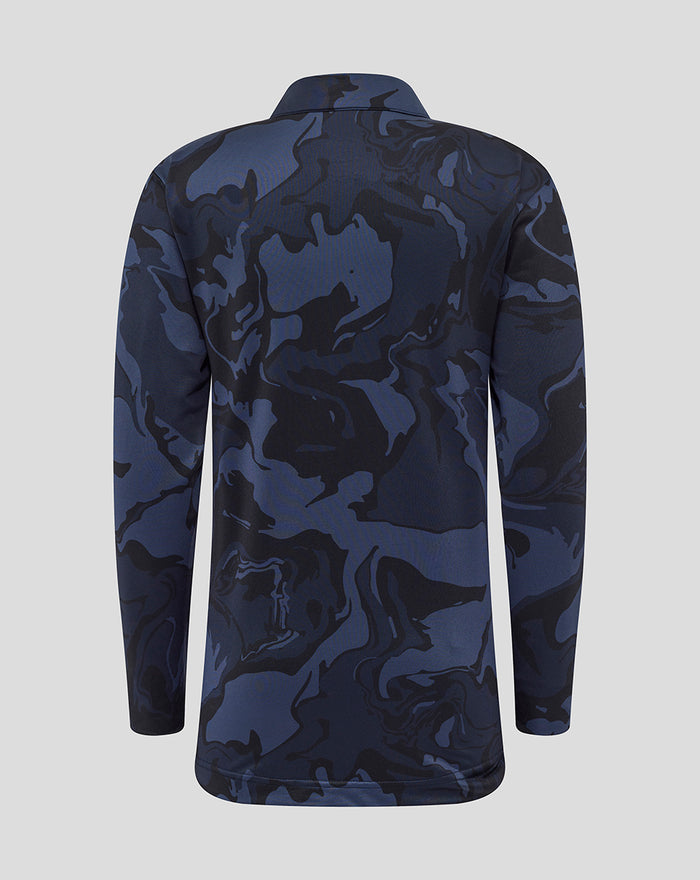 Back view of navy camouflage junior quarter zip jacket with collar.