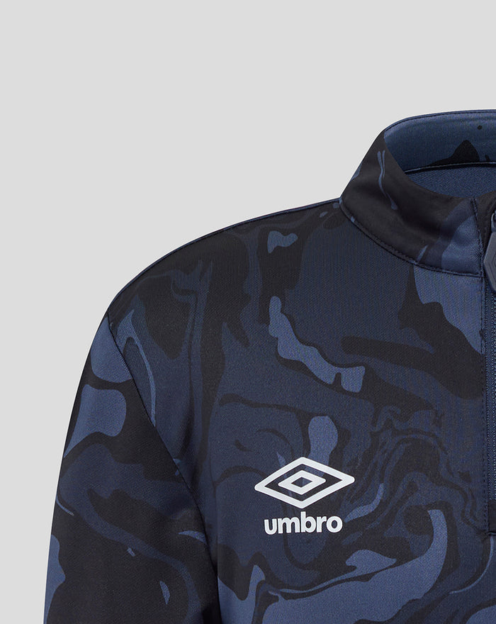 Front view of navy camouflage junior quarter zip jacket featuring Umbro logo and club crest.