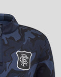 Close up of navy camouflage quarter zip jacket with collar and club crest on the chest.