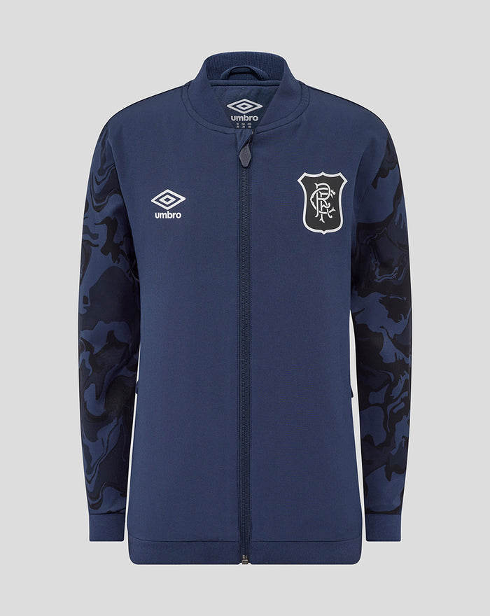 Front view of navy Junior 25/26 Third Matchday Jacket with full zip; Umbro logo on left chest and club crest on right, sleeves with blue camouflage pattern.