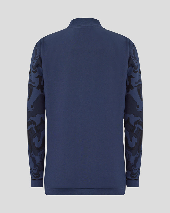 Back view of navy jacket with plain body and camo pattern sleeves.