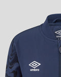 Close-up of navy Junior 25/26 Third Matchday Jacket with front zip and Umbro logo on the chest