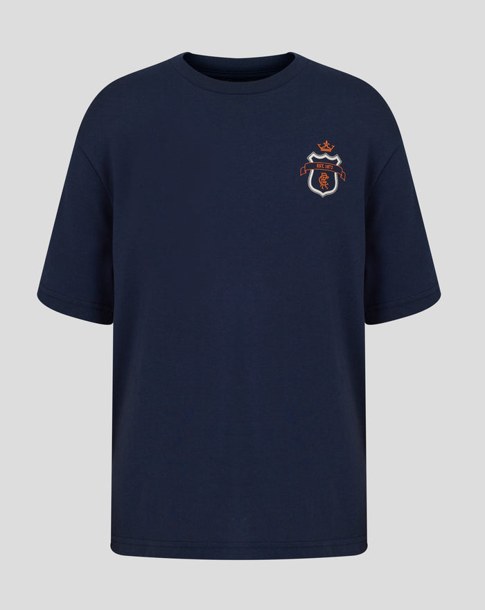 Navy junior Rangers contemporary T shirt with a white shield crest and orange detailing on the left chest